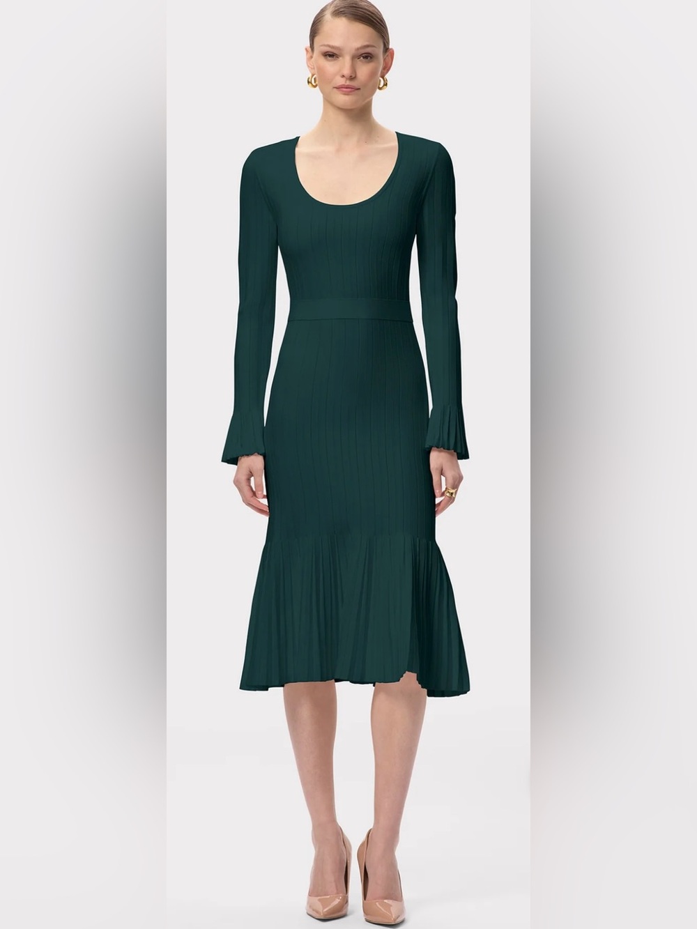 Herve Leger Ribbed Scoop-Neck Long Sleeve Midi Dress The Alena Dress Size Small